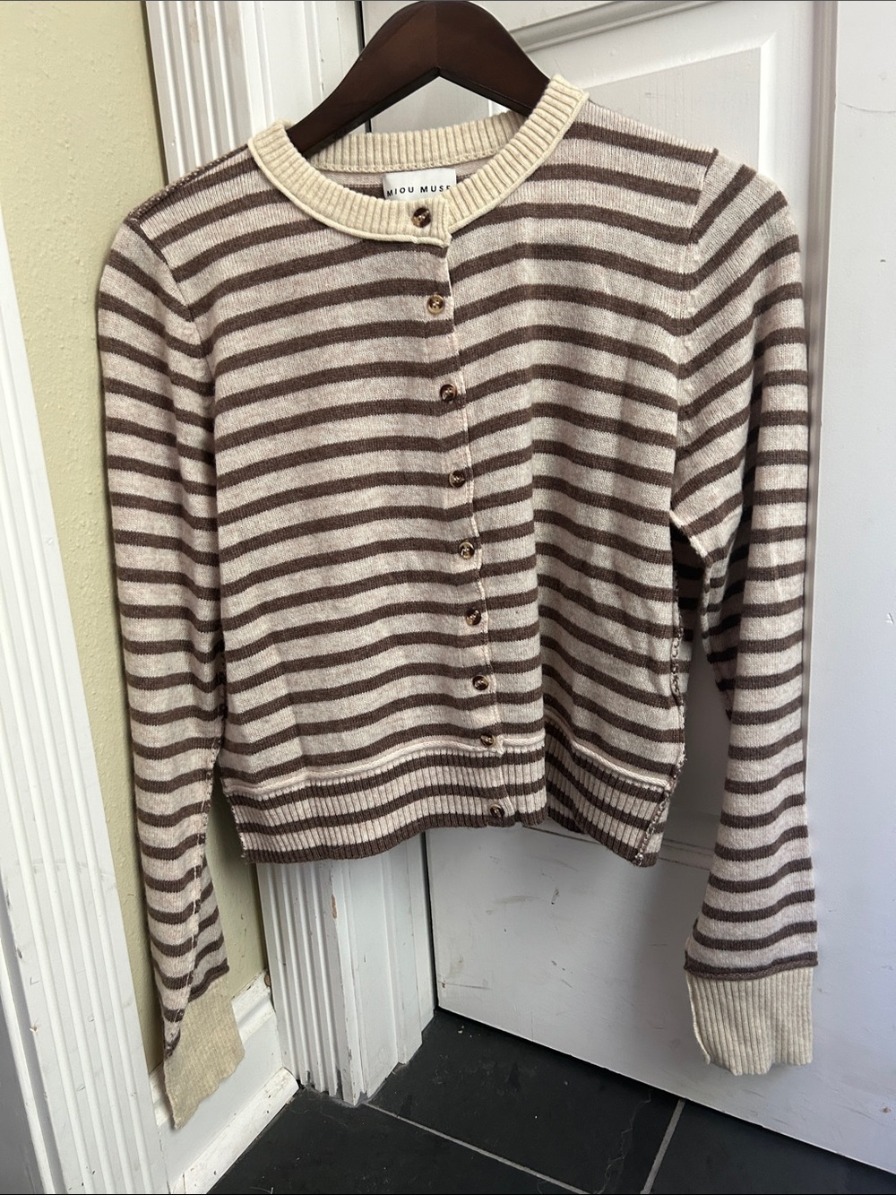 Miu Miu Cream & Brown Striped Button-Up Cardigan